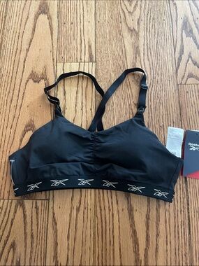 NURSING Reebok Black Ruched Low-Impact Logo Band Sports Bra